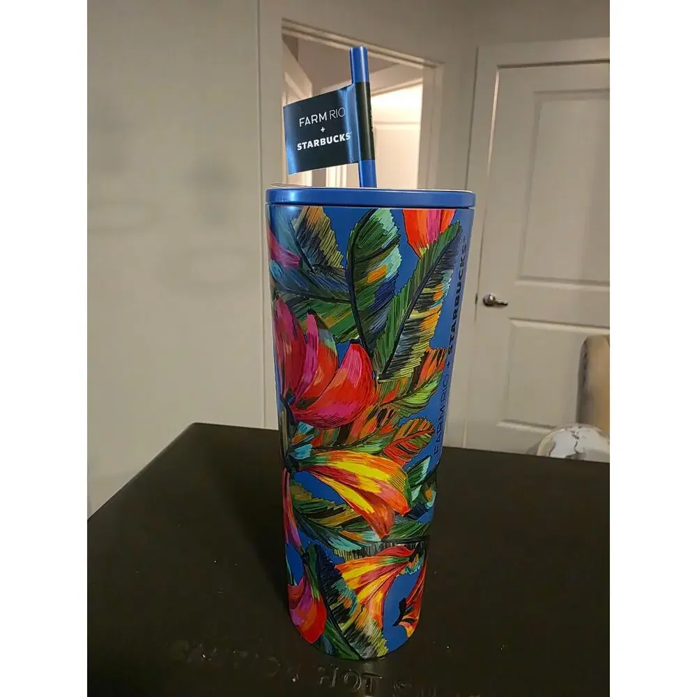 Starbucks Farm Rio Blue Straw Tumbler with Pink Bananas